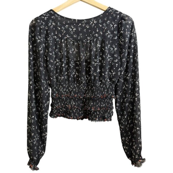 Free People Boho Floral Babydoll Smocked Crop Blouse Black Small Cottagecore - Picture 2 of 6